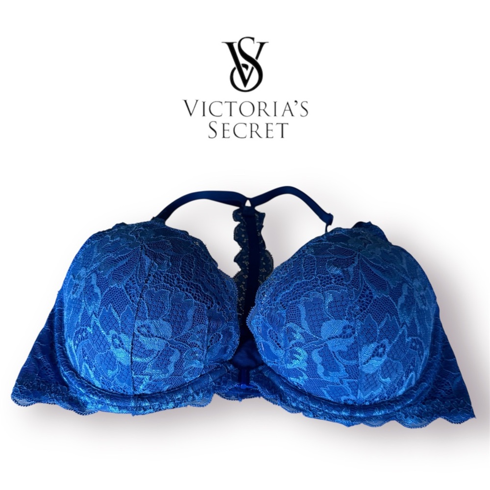 🛍️SALE🛍️PINK Victoria's Secret Royal Blue Lace Push-up Bra with Racerback Straps - Picture 5 of 9